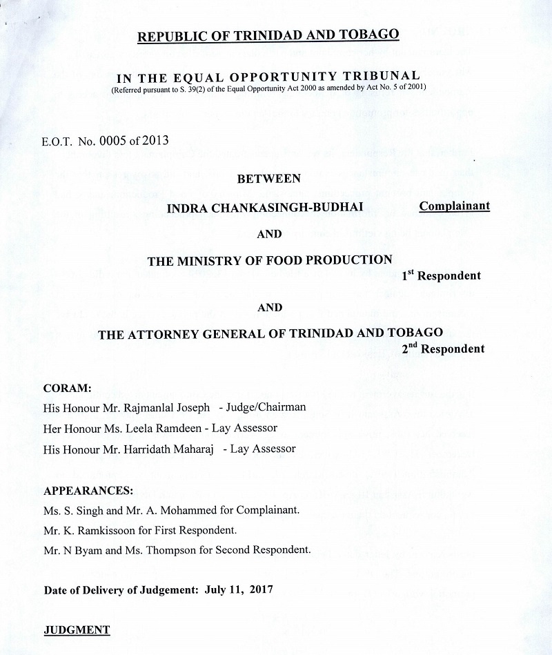 EOT NO. 0005/2013 Indra Chankasingh-Budai and Food Production v AG